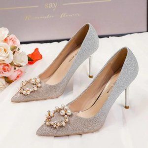 Autumn new pointed single shoes fine heel pearl buckle gradient high heel shoes